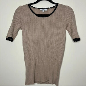 SAM EDELMAN Eyelet Lace Cable Knit Cream Black Lightweight Short Sleeve Sweater